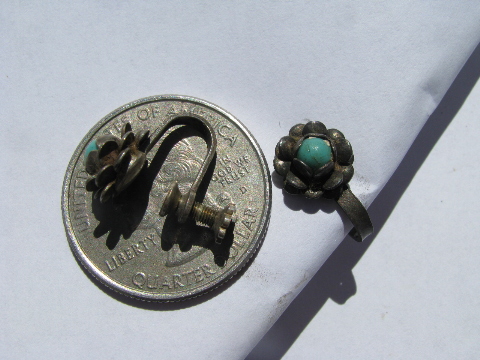 Sterling silver / costume turquoise flowers, screw-back clip earrings, vintage jewelry