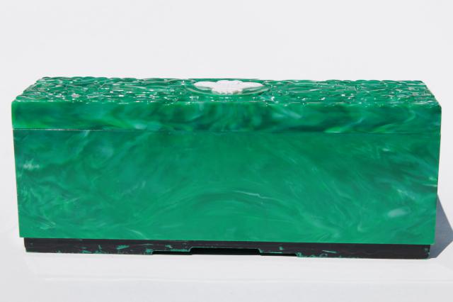 swank vintage Emeraude malachite green plastic dresser box w/ carved design 