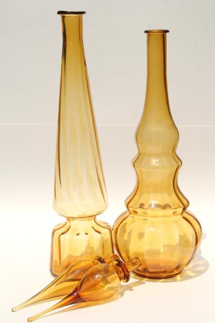 tall mod art glass genie bottle decanters, 60s vintage amber glass bottles w/ stoppers