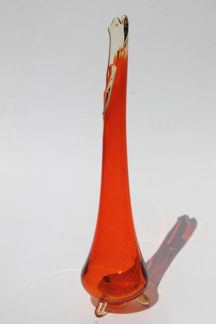 tall mod art glass vase w/ retro flame orange color, 60s vintage hand-blown glass