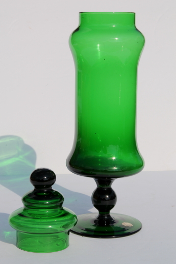 Tall mod green glass bottle, mid-century vintage apothecary canister candy jar