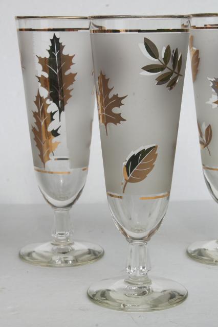 tall pilsner lager beer glasses, vintage Libbey glass Golden Foliage leaf print glasses