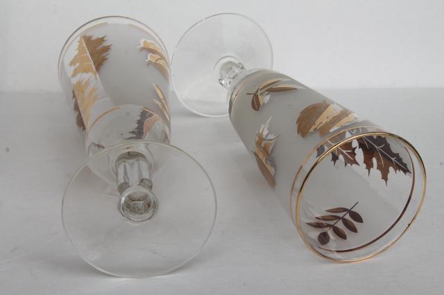 tall pilsner lager beer glasses, vintage Libbey glass Golden Foliage leaf print glasses