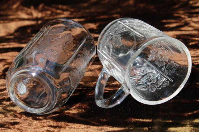 tiny glass mug handle shot glasses, cherry / apple blossom pattern clear glass