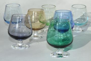 tiny liqueurs or shot glasses, iridescent colored glass brandy snifter bowls w/ clear stems