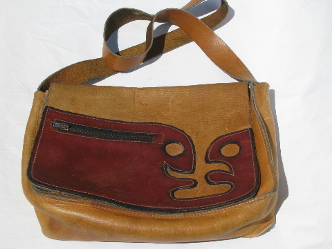Tooled leather applique shoulder bag, 70s hippie girl vintage purse