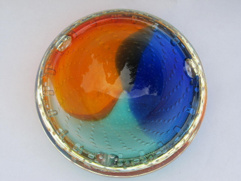 Trio of colors retro art glass ashtray, hand blown controlled bubbles