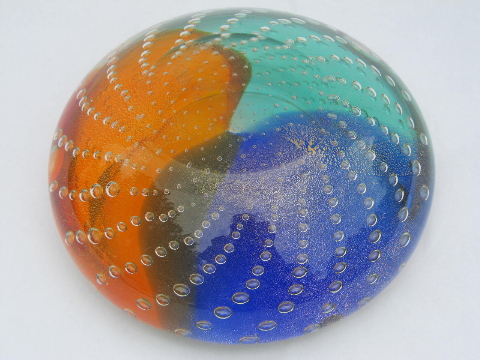 Trio of colors retro art glass ashtray, hand blown controlled bubbles
