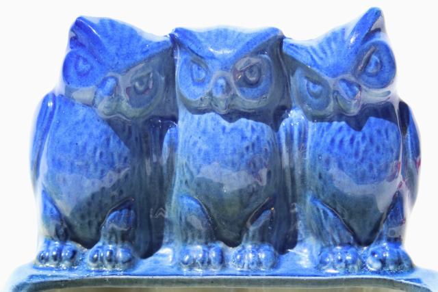 trio of owls retro ceramic planter, vintage pottery flower plant pot