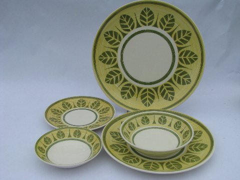 Tropical palm leaf green leaves on yellow mod vintage dishes, Royal ironstone china