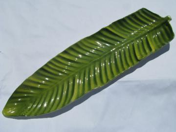 Tropical vintage tiki, long palm leaf ceramic platter, retro California pottery