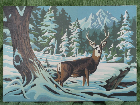 Unframed paint-by-number pictures, deer in the winter, dogs on aqua blue