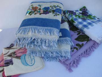 Unused vintage bath towels lot, four towel prints, purple flowers!