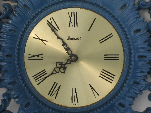 Very ornate vintage Burwood frame wall clock, french blue over gold
