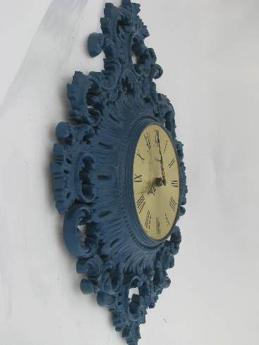 Very ornate vintage Burwood frame wall clock, french blue over gold