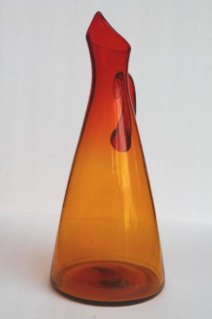 vintage 1963 Blenko glass pitcher Anderson #976, tall wide bottom shape amberina orange