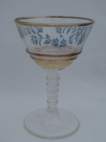 Vintage 40s - 50s wine glasses, blue flowers glass goblets w/ gold trim