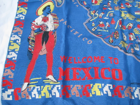 Vintage 50s - 60s rayon scarf, Mexican map print, souvenir of Mexico