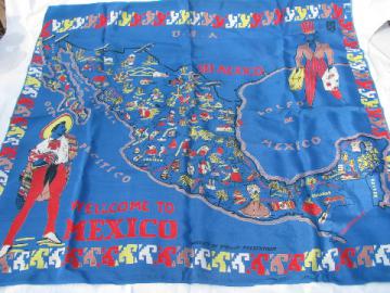 Vintage 50s - 60s rayon scarf, Mexican map print, souvenir of Mexico