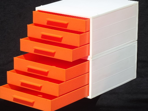 Vintage 60s 70s modular stacking drawers paper trays, orange & white plastic