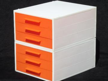 Vintage 60s 70s modular stacking drawers paper trays, orange & white plastic