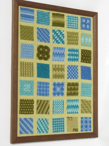 Vintage 70s modern art needlepoint stitch sampler picture, framed hanging