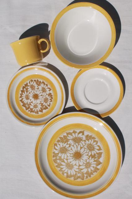 vintage 70s sunshine yellow daisy print ironstone china set, happy retro dishes!