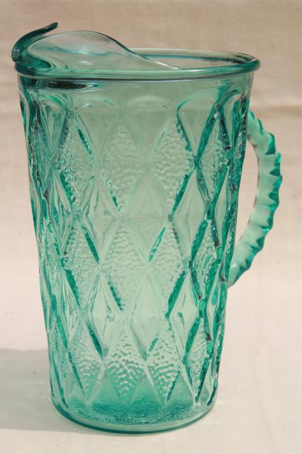 vintage Anchor Hocking gemstone diamond pattern pitcher in aqua aquamarine glass