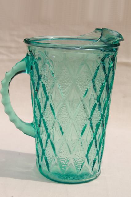 vintage Anchor Hocking gemstone diamond pattern pitcher in aqua aquamarine glass