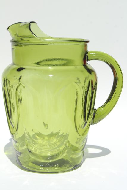 vintage Anchor Hocking tulip pattern pitcher & drinking glasses, Colonial green