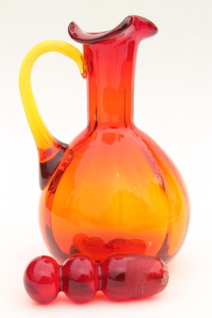 vintage Blenko amberina glass cruet bottle w/ bubble stopper, retro art glass