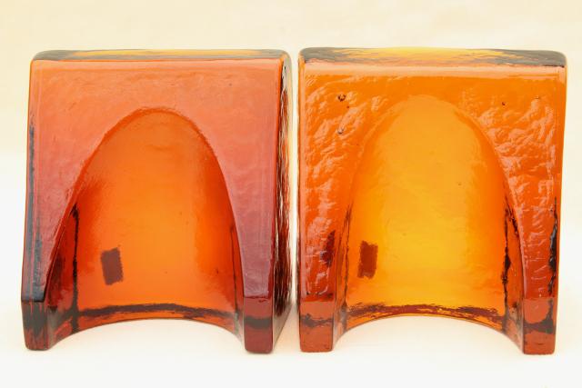 vintage Blenko bookends, root beer amber brown glass arch architectural elements
