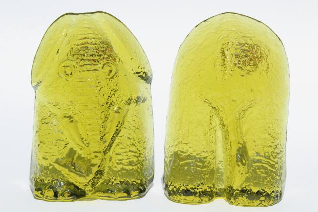 vintage Blenko glass book ends, elephant front & back, chartreuse yellow lime green glass