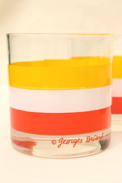 vintage Briard Cabana orange yellow white striped lowball on the rocks bar glasses
