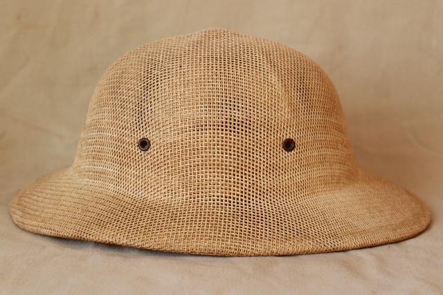 vintage Brookstone sun helmet, safari expedition hard hat woven straw pith helmet