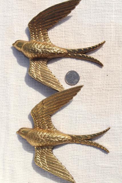 vintage Burwood gold birds, flock of flying swallows, 80s retro wall art plaques