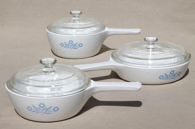 vintage Corningware blue cornflower Corning ware glass saucepans, pans & lids