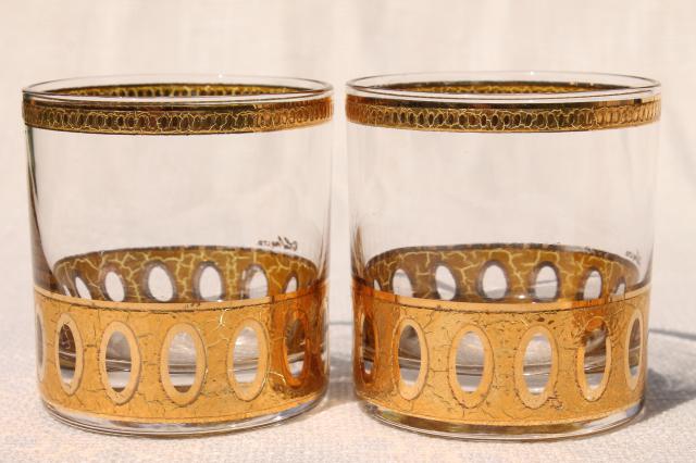 vintage Culver Antigua encrusted gold glasses, double old fashioned rocks tumblers
