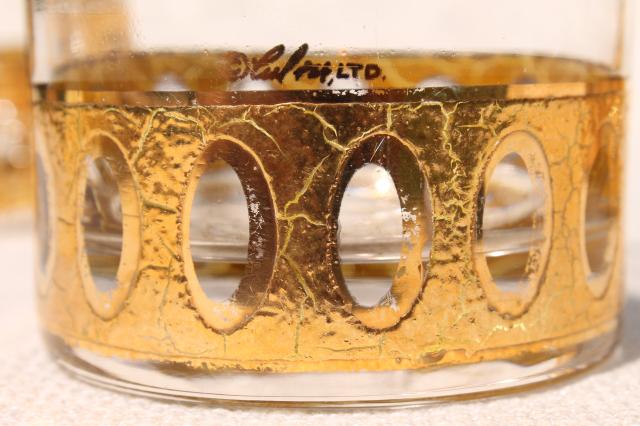 vintage Culver Antigua encrusted gold glasses, double old fashioned rocks tumblers