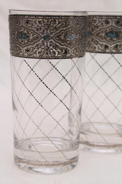 vintage Culver glass tumblers, drinking glasses w/ lattice pattern encrusted silver band w/ blue