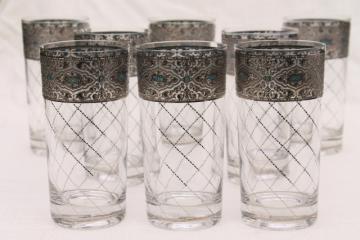 vintage Culver glass tumblers, drinking glasses w/ lattice pattern encrusted silver band w/ blue