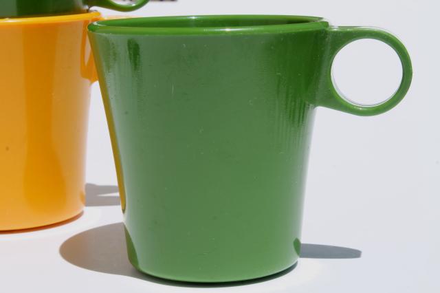 vintage Deka plastic coffee mugs, ring handle cups in retro avocado green, orange, harvest gold