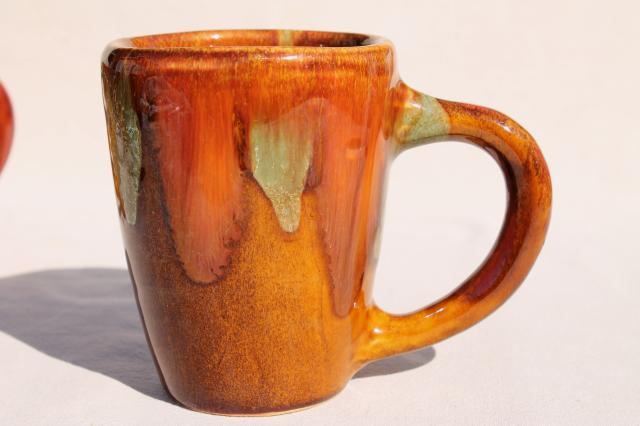 vintage Dryden pottery coffee cups, set of six mugs w/ green gold brown spatter drip glaze 