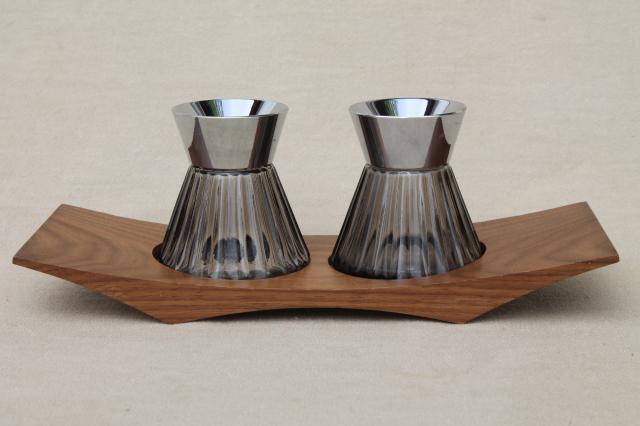 vintage Euro modern smoke glass S&P shakers & wood tray, mid-century mod