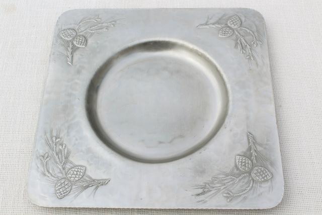 vintage Everlast hand forged hammered aluminum, pine cones square platter for casserole bowl