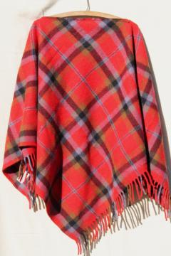 vintage Fairbo red plaid wool poncho blanket, winter wrap & throw in one