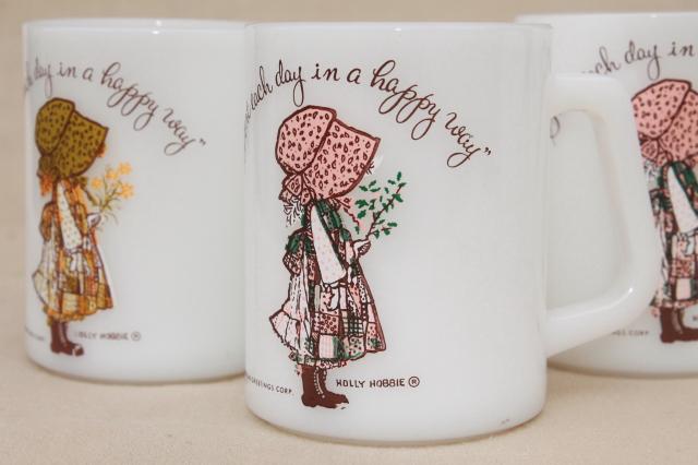vintage Federal glass coffee cups, 6 Holly Hobbie mugs, start each day in a happy way