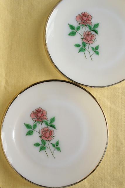 vintage Fire King Anniversary Rose pink roses milk glass plates & serving bowl