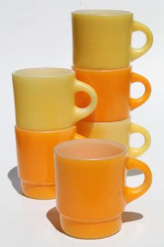 vintage Fire King glass coffee mugs, retro orange & yellow gold color milk glass