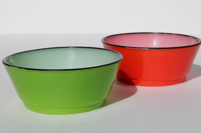 vintage Fire-King glass cereal bowls, red & green fired on color black trim